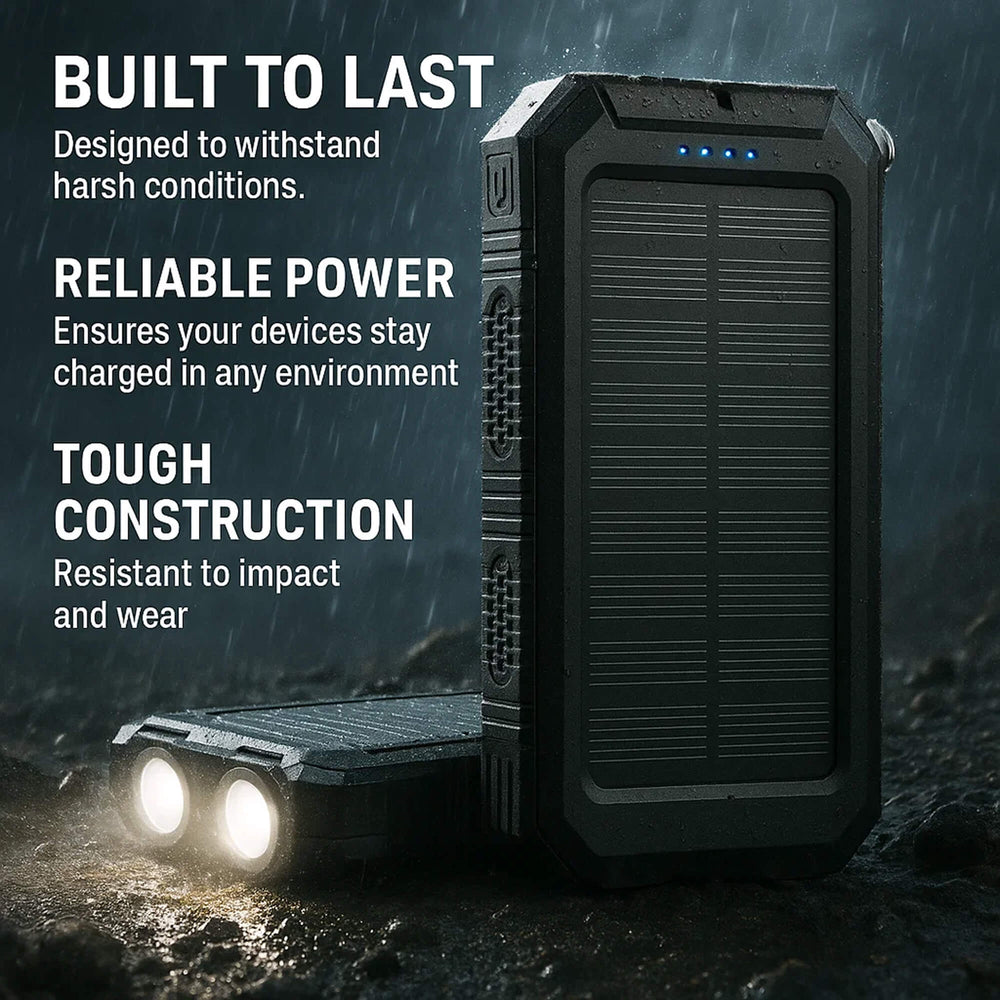 Solar Power Bank 20000mAh | Waterproof Shockproof Design | Solar + USB Charging, Multi-Mode LED Torch for Camping & Outdoors
