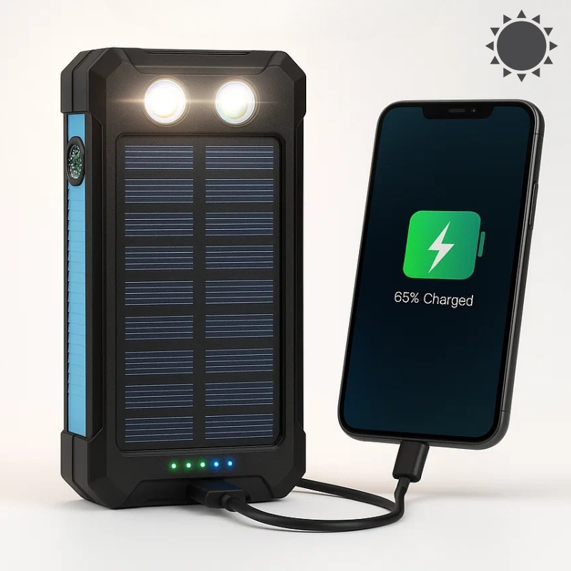 Solar Power Bank 20000mAh | Waterproof Shockproof Design | Solar + USB Charging, Multi-Mode LED Torch for Camping & Outdoors
