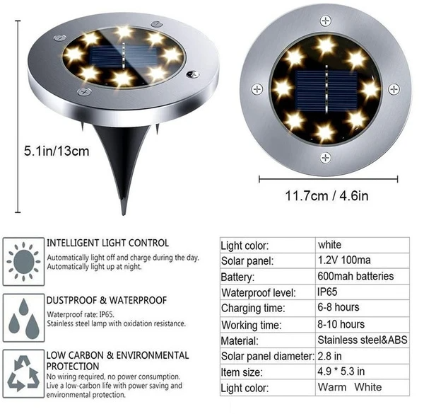 Solar-Powered Ground Lights 12 LED Stainless Steel | Pack of 4, 8 or 12 | IP65 Waterproof, 6-8 Hours Illumination