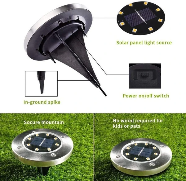 Solar-Powered Ground Lights 12 LED Stainless Steel | Pack of 4, 8 or 12 | IP65 Waterproof, 6-8 Hours Illumination