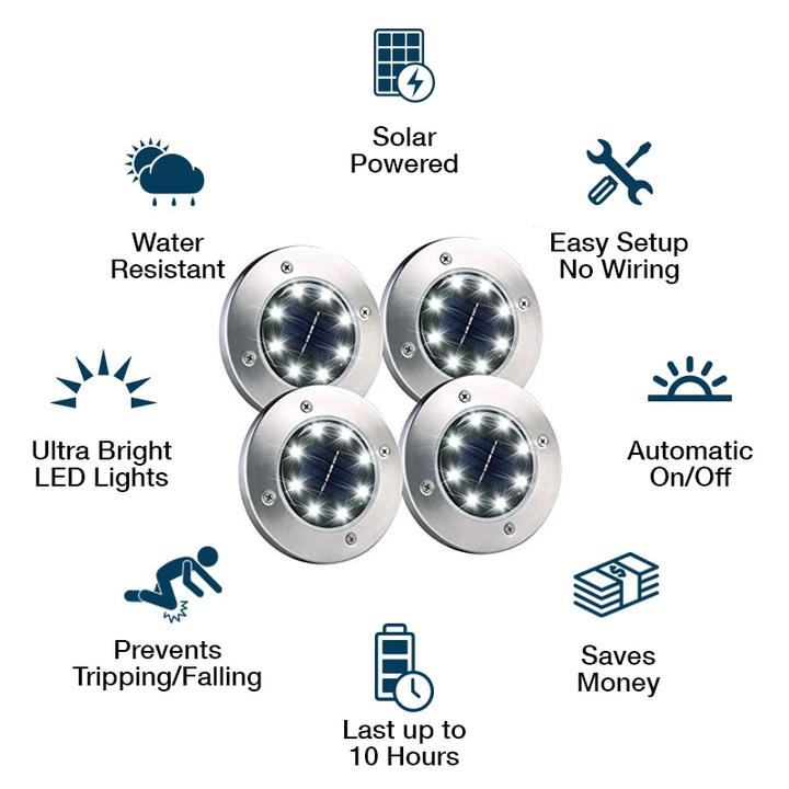 Solar-Powered Ground Lights 12 LED Stainless Steel | Pack of 4, 8 or 12 | IP65 Waterproof, 6-8 Hours Illumination