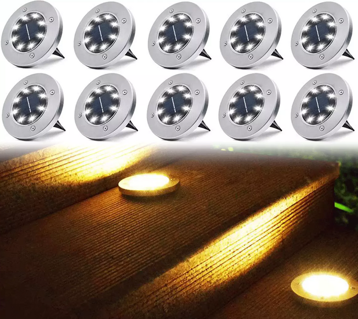Solar-Powered Ground Lights 12 LED Stainless Steel | Pack of 4, 8 or 12 | IP65 Waterproof, 6-8 Hours Illumination