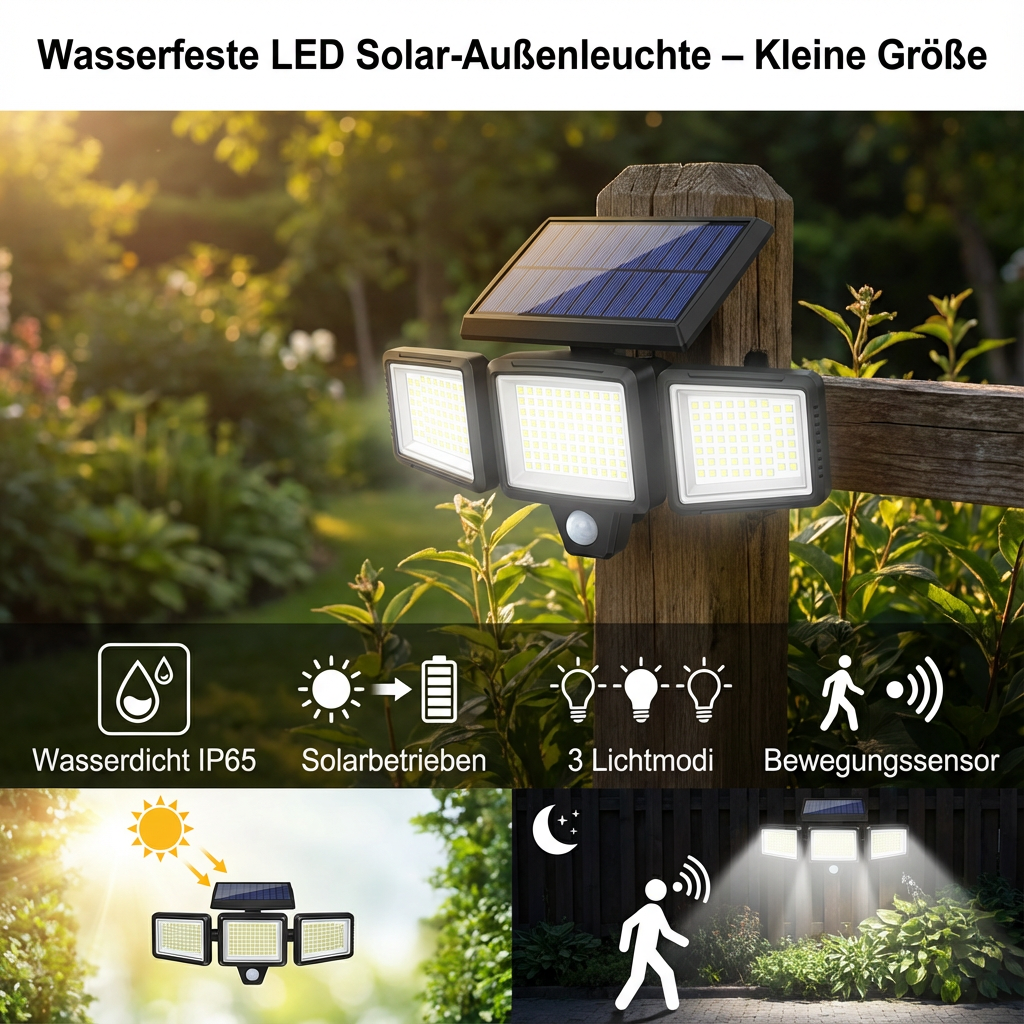 Solar Security Light with Motion Sensor | 3 Adjustable LED Panels, Waterproof | Wire-Free Outdoor Security Lighting