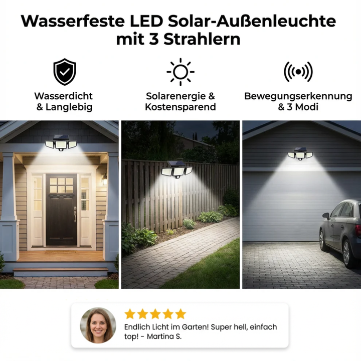 Solar Security Light with Motion Sensor | 3 Adjustable LED Panels, Waterproof | Wire-Free Outdoor Security Lighting