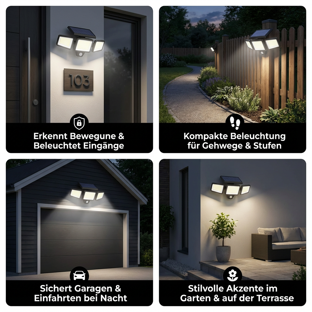 Solar Security Light with Motion Sensor | 3 Adjustable LED Panels, Waterproof | Wire-Free Outdoor Security Lighting