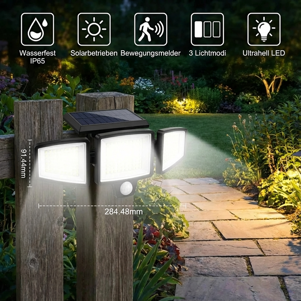 Solar Security Light with Motion Sensor | 3 Adjustable LED Panels, Waterproof | Wire-Free Outdoor Security Lighting