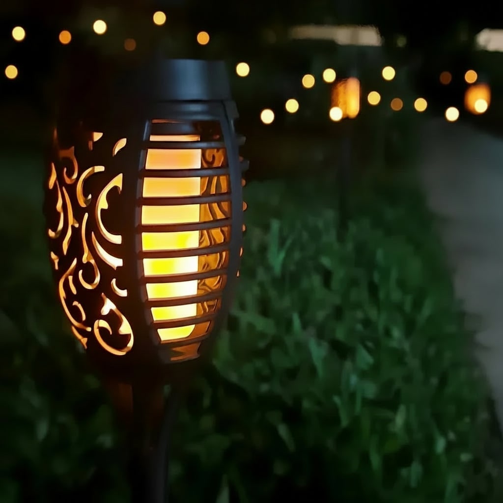 Solar Torch Lights with Flickering Flame Effect | Halloween Decor, 1-8 Pack | Weatherproof Black Ground Stake Design