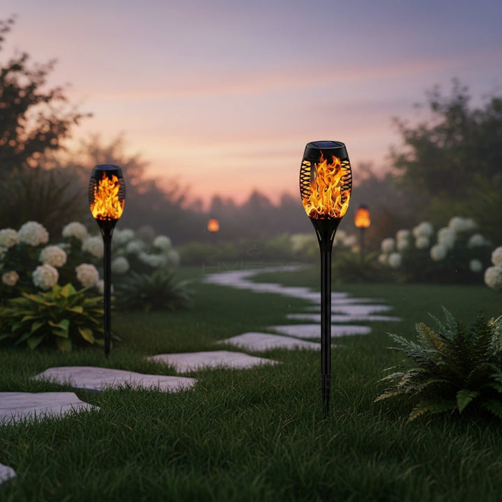 Solar Torch Lights with Flickering Flame Effect | Halloween Decor, 1-8 Pack | Weatherproof Black Ground Stake Design