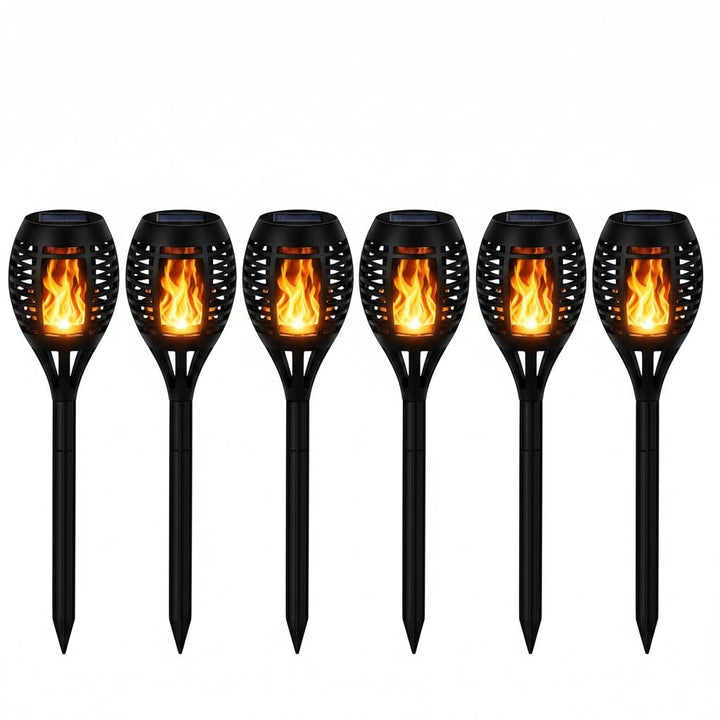 Solar Torch Lights with Flickering Flame Effect | Halloween Decor, 1-8 Pack | Weatherproof Black Ground Stake Design