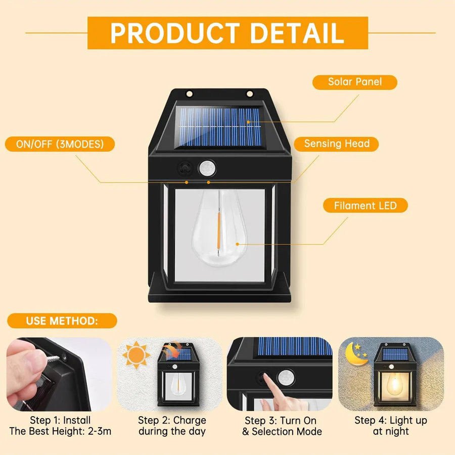 Solar Wall Lamp Outdoor Weatherproof 120-Degree Sensor with 3 Lighting Modes