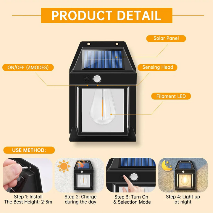 Solar Wall Lamp Outdoor Weatherproof 120-Degree Sensor with 3 Lighting Modes