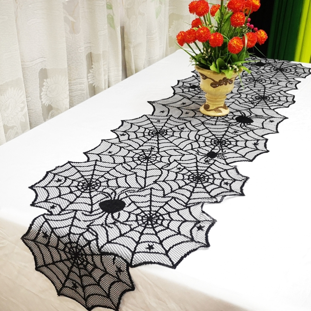 Spiderweb Table Runner Halloween Decor | Lace Web Cutout Design | Available in Round and Rectangular Table Shapes