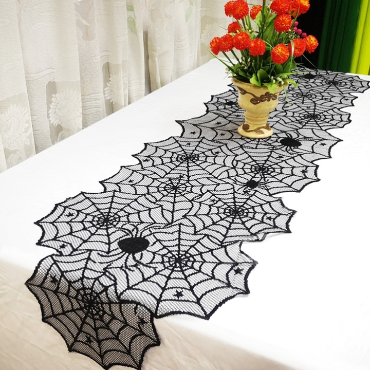 Spiderweb Table Runner Halloween Decor | Lace Web Cutout Design | Available in Round and Rectangular Table Shapes