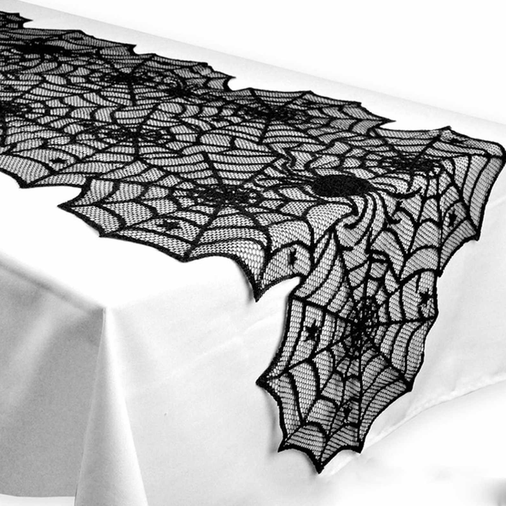 Spiderweb Table Runner Halloween Decor | Lace Web Cutout Design | Available in Round and Rectangular Table Shapes