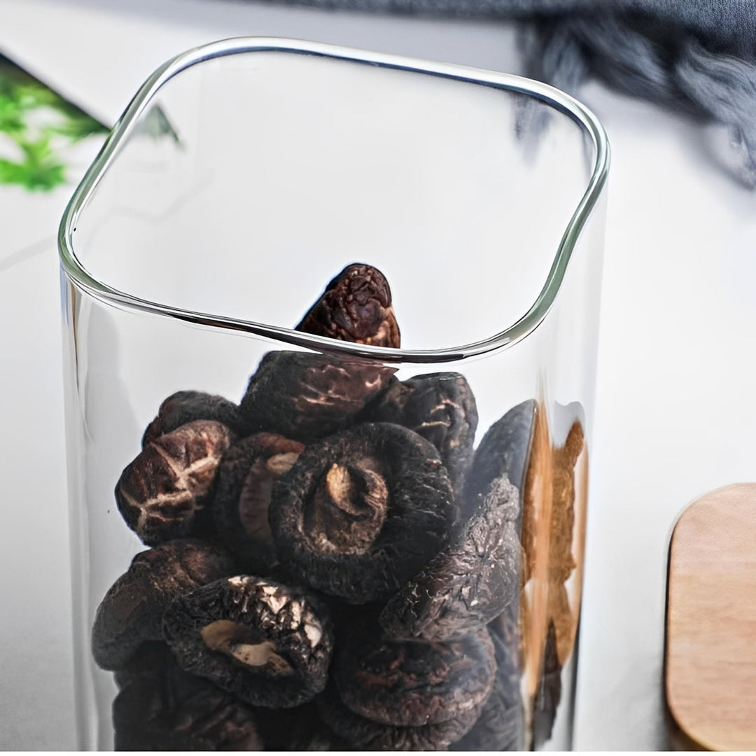 Square Glass Storage Jar Bamboo Lid Stackable Pantry