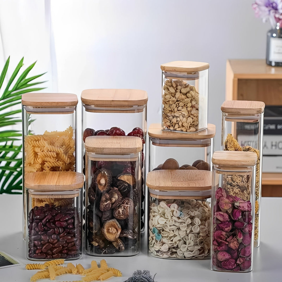 Square Glass Storage Jar Bamboo Lid Stackable Pantry