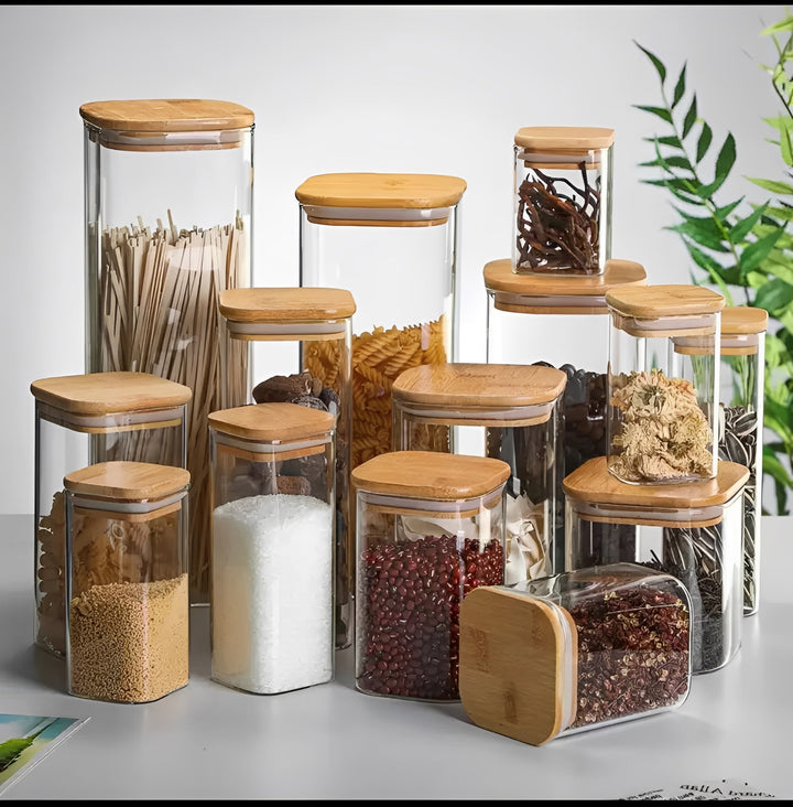 Square Glass Storage Jar Bamboo Lid Stackable Pantry