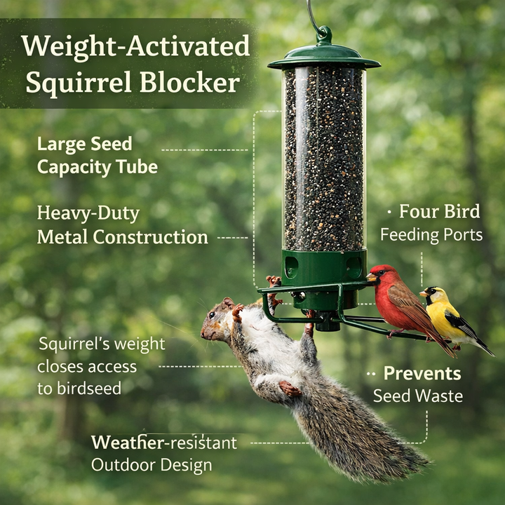 Squirrel Proof Bird Feeder Metal | 4-Port Rotating Perch with Large Seed Reservoir | Weather-Resistant Hanging Design