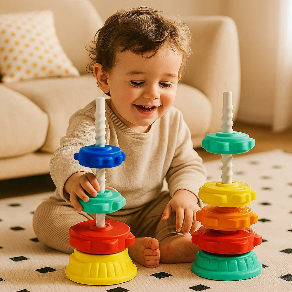 Stacking Tower Toy with Rotating Pieces | Colourful Shapes | Hand-Eye Coordination Fine Motor Skill Building Toy