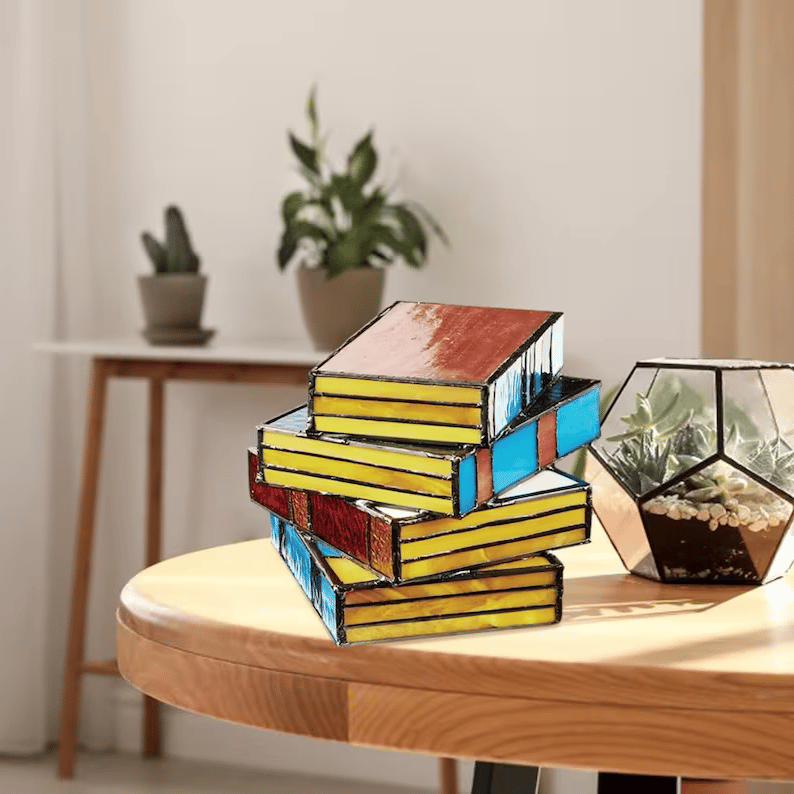 Stained Glass Book Lamp for Men | Stacked Book Design with Tiffany-Style Glass | Warm Ambient Bedroom Lighting Accent