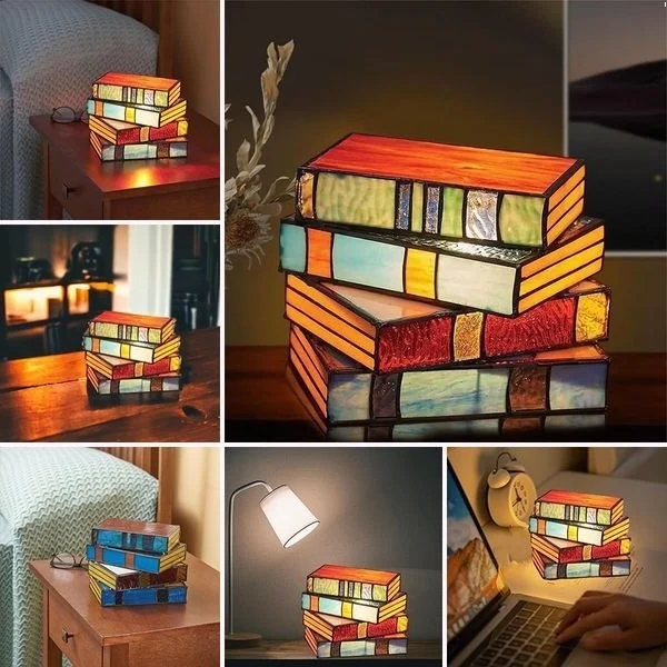 Stained Glass Book Lamp for Men | Stacked Book Design with Tiffany-Style Glass | Warm Ambient Bedroom Lighting Accent