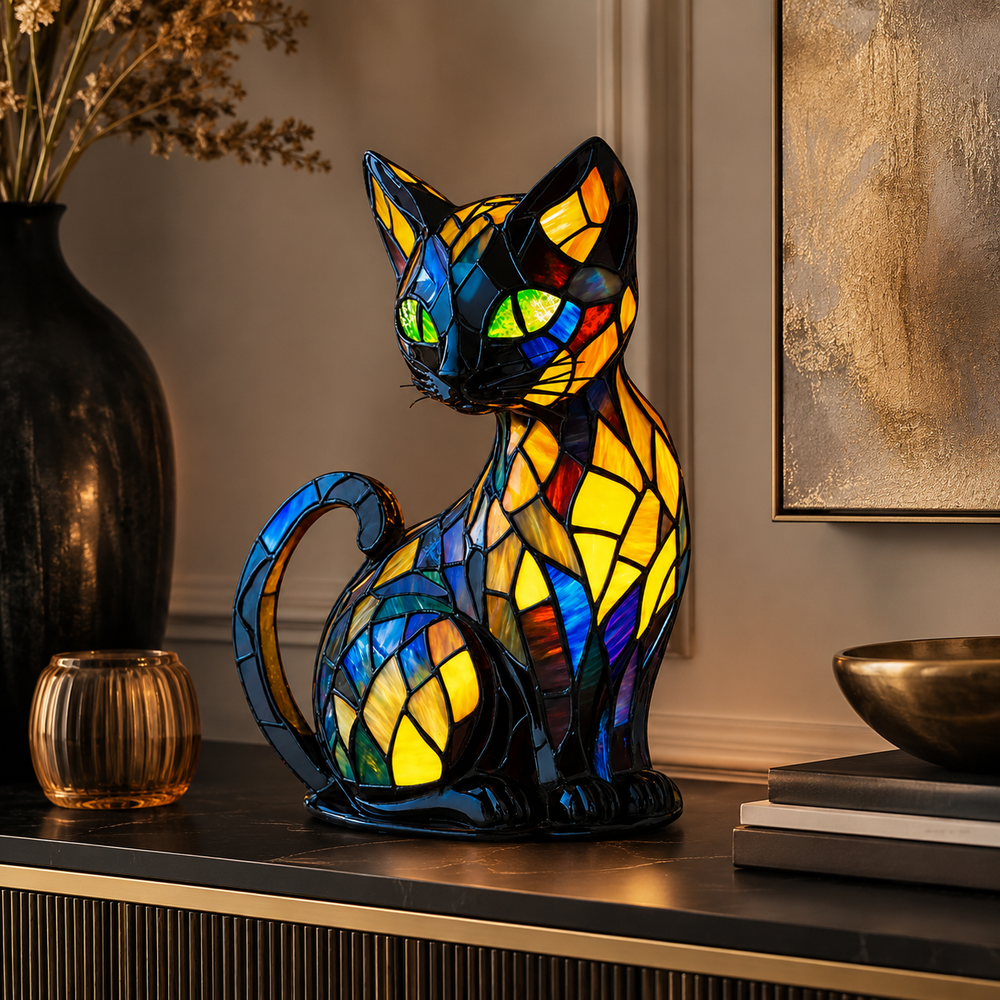 Stained Glass Cat Night Light | Curved Base Decorative Lamp | Cosy Bedside Ambient Lighting for Bedrooms and Nurseries