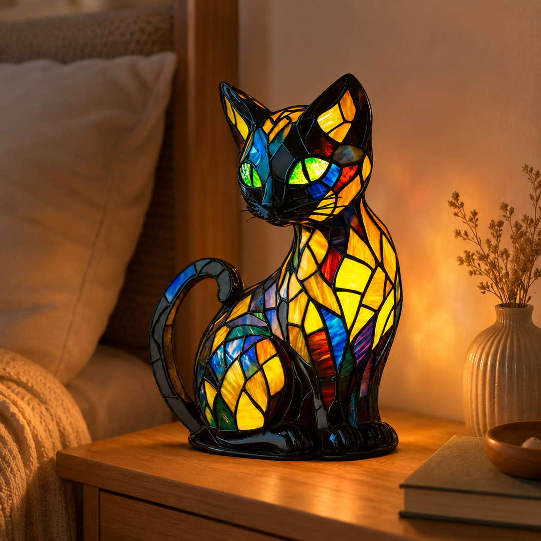 Stained Glass Cat Night Light | Curved Base Decorative Lamp | Cosy Bedside Ambient Lighting for Bedrooms and Nurseries