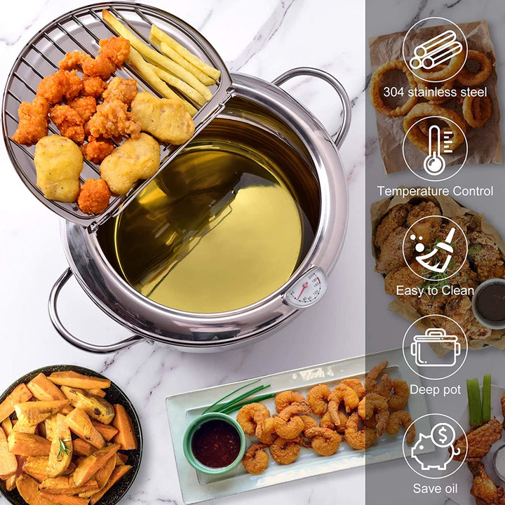 Stainless Steel Deep Frying Pot | Tempura Fryer Pan with Thermometer &amp; Lid