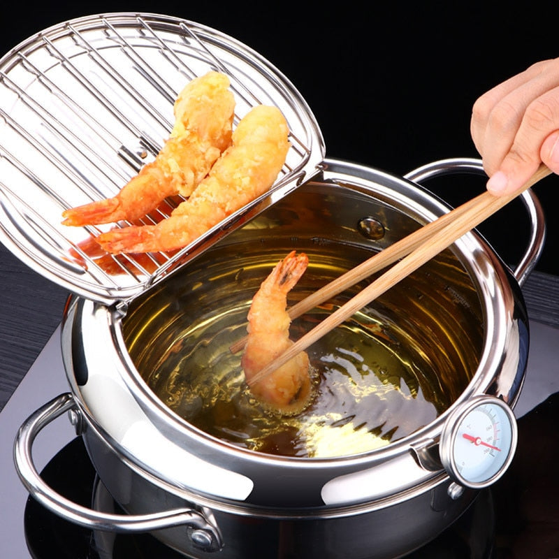 Stainless Steel Deep Frying Pot | Tempura Fryer Pan with Thermometer & Lid