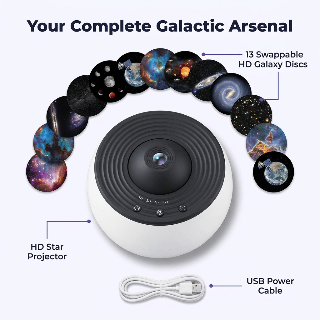 Star Projector Light | 13 Nebula Scenes, Adjustable Focus, 14 cm Compact Body | Whisper-Quiet Operation, White or Black