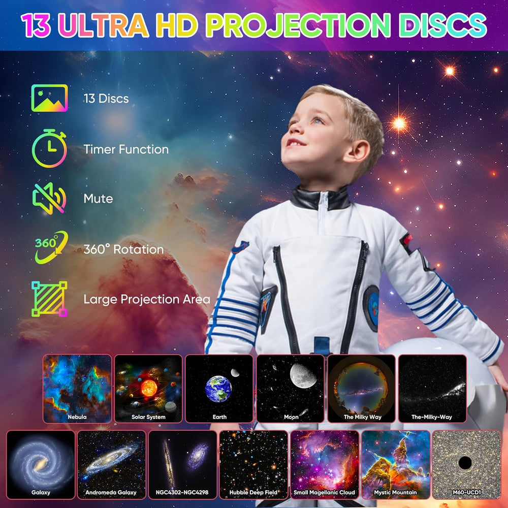 Star Projector Light 360° Rotation | 12 HD Film Discs, Adjustable Colours | Quiet LED with Timer, Black or White