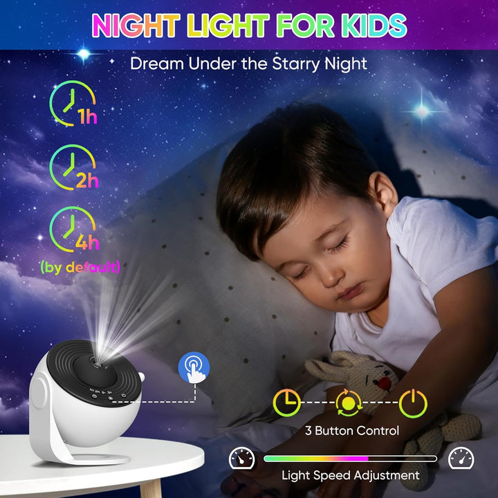 Star Projector Light 360° Rotation | 12 HD Film Discs, Adjustable Colours | Quiet LED with Timer, Black or White