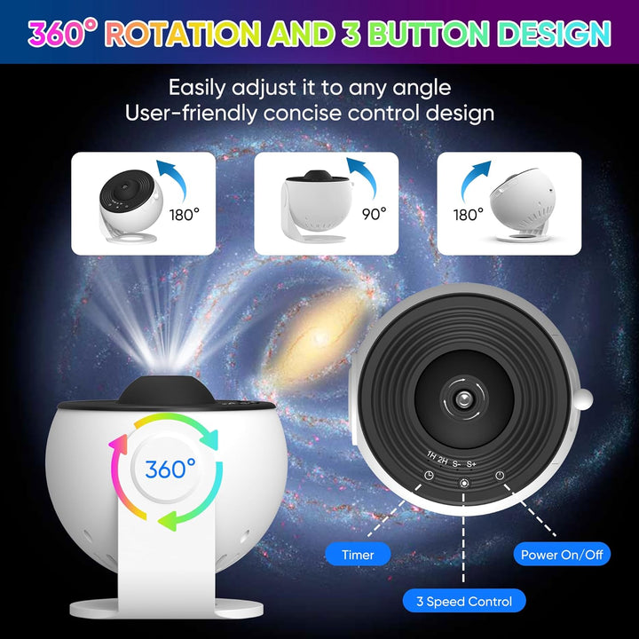 Star Projector Light 360° Rotation | 12 HD Film Discs, Adjustable Colours | Quiet LED with Timer, Black or White