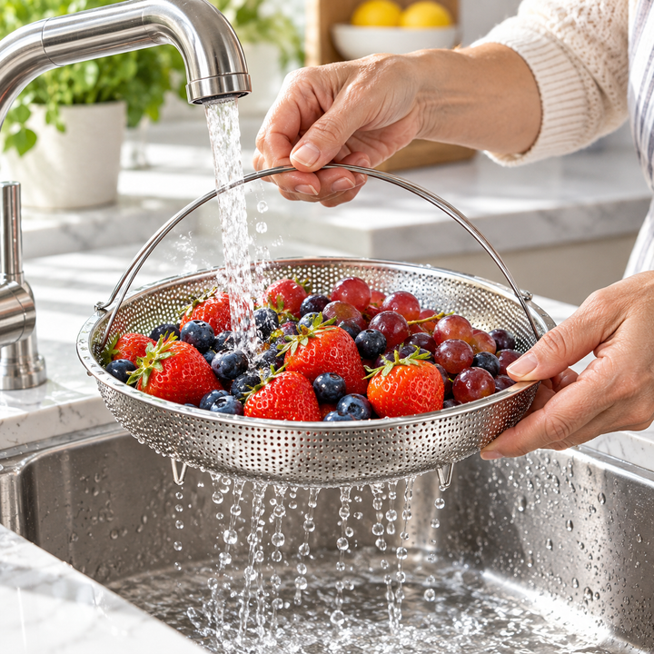 Steamer Basket Stainless Steel Rustproof Folding Handle with Raised Feet