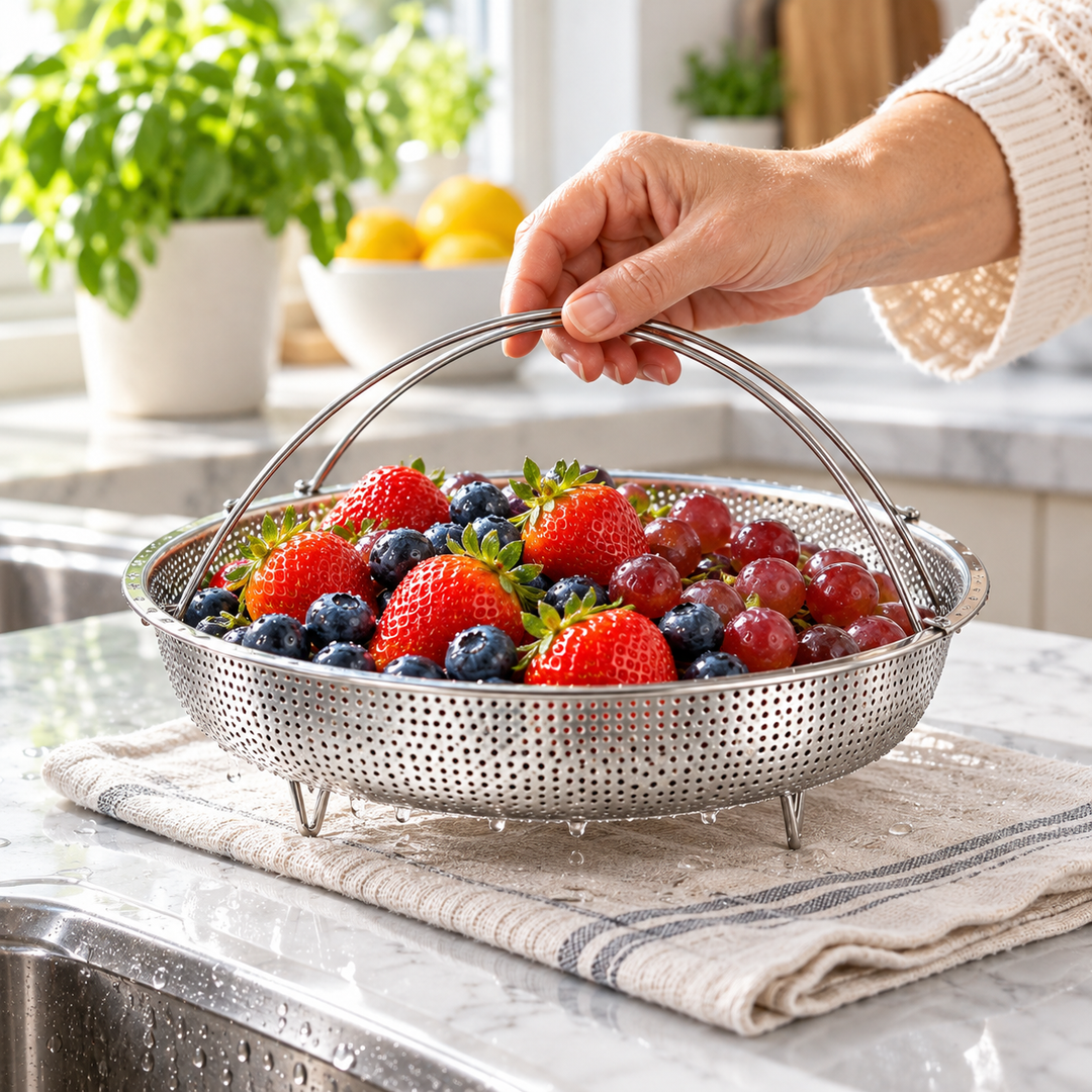 Steamer Basket Stainless Steel Rustproof Folding Handle with Raised Feet