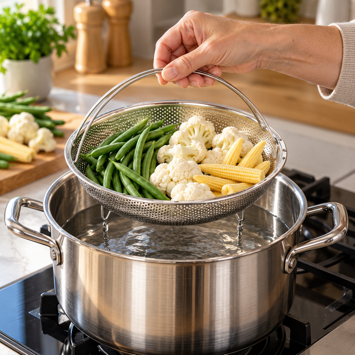 Steamer Basket Stainless Steel Rustproof Folding Handle with Raised Feet
