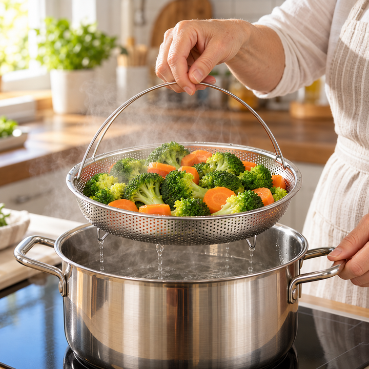 Steamer Basket Stainless Steel Rustproof Folding Handle with Raised Feet