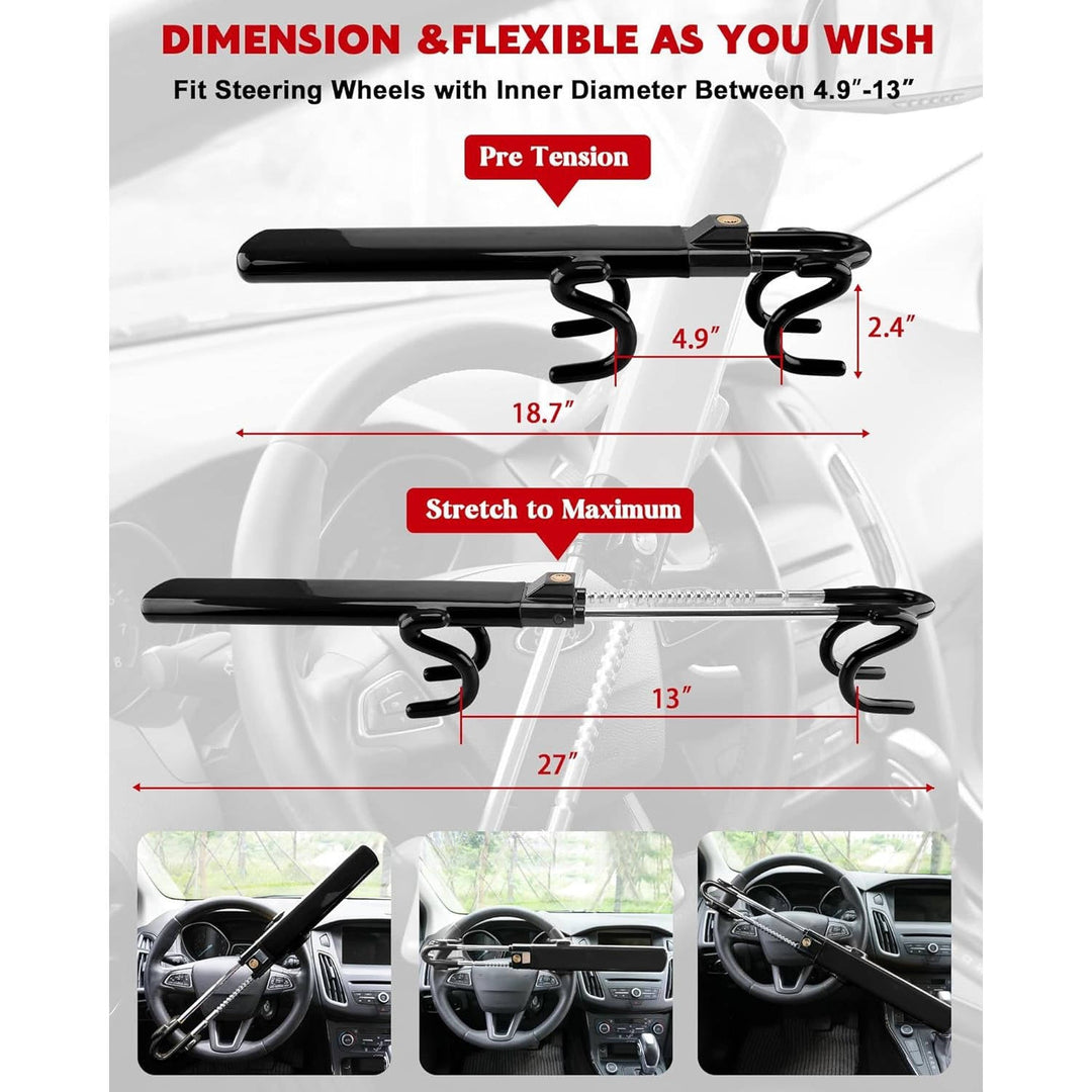 Steering Wheel Lock Solid Steel Bars | Four Hook Anti Theft Design, Copper Cylinder | Adjustable Fit with 3 Keys Included