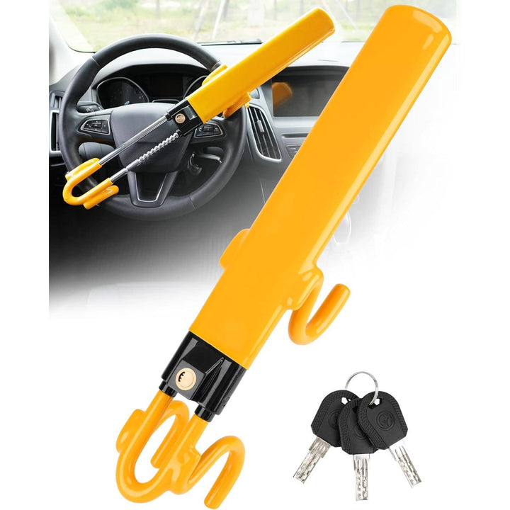 Steering Wheel Lock Solid Steel Bars | Four Hook Anti Theft Design, Copper Cylinder | Adjustable Fit with 3 Keys Included