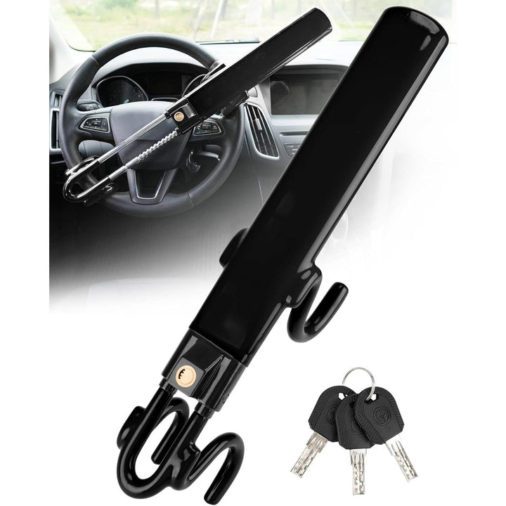 Steering Wheel Lock Solid Steel Bars | Four Hook Anti Theft Design, Copper Cylinder | Adjustable Fit with 3 Keys Included