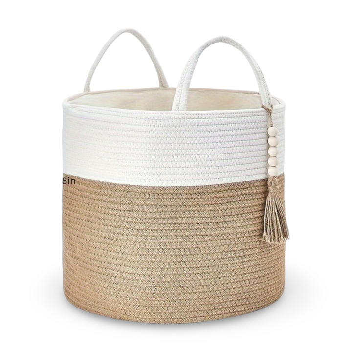 Storage Basket Foldable Two-Tone Macramé Boho Handwoven with Rope Handles