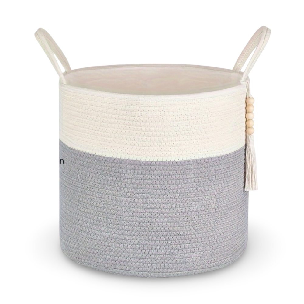 Storage Basket Foldable Two-Tone Macramé Boho Handwoven with Rope Handles