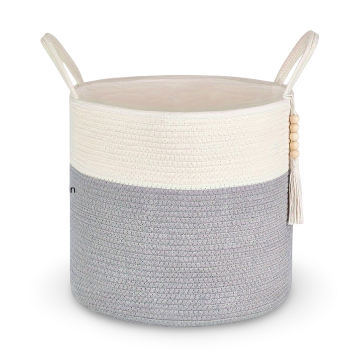Storage Basket Foldable Two-Tone Macramé Boho Handwoven with Rope Handles