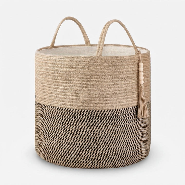 Storage Basket Foldable Two-Tone Macramé Boho Handwoven with Rope Handles