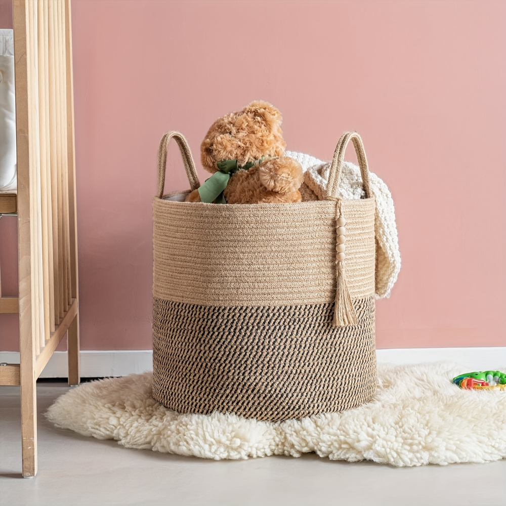 Storage Basket Foldable Two-Tone Macramé Boho Handwoven with Rope Handles