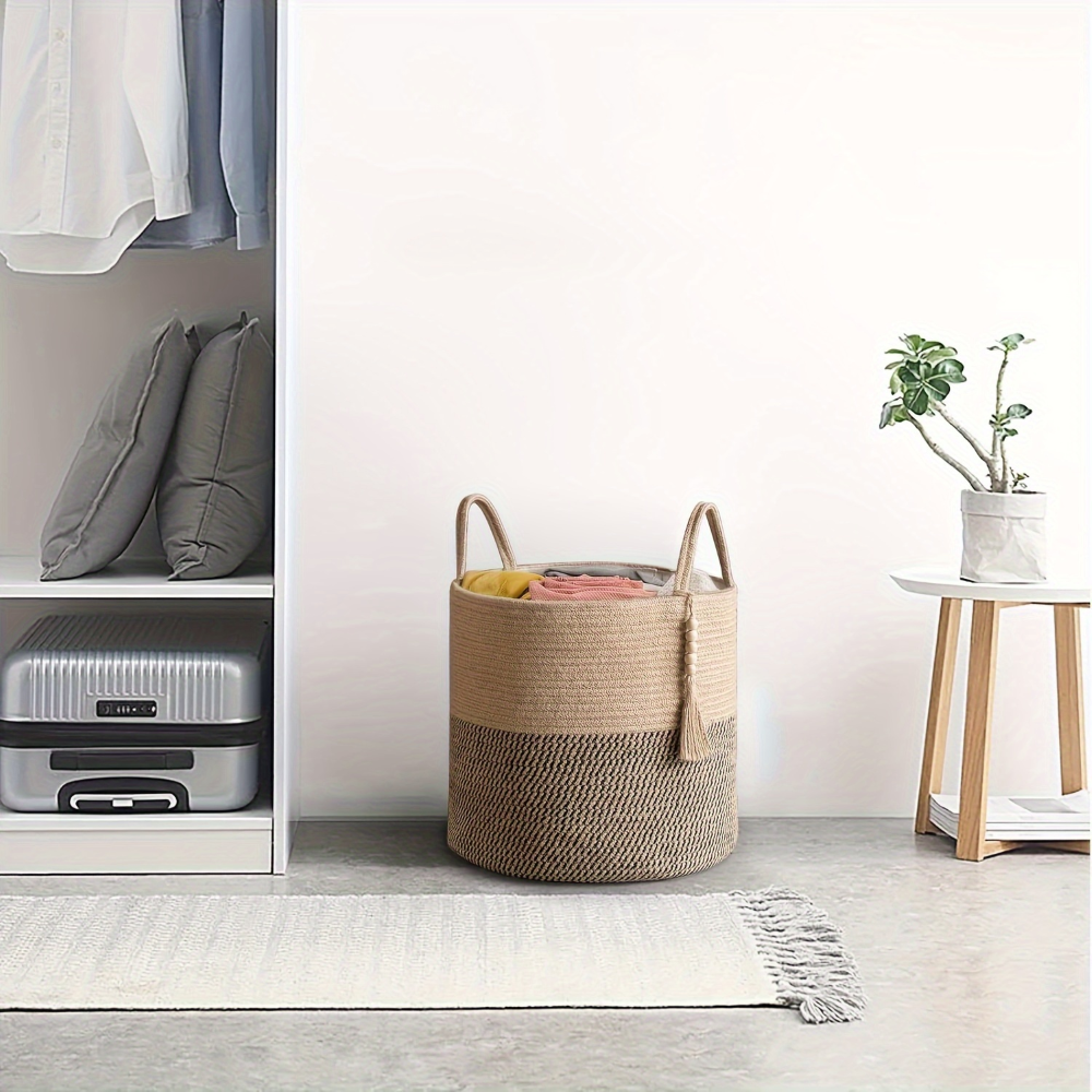 Storage Basket Foldable Two-Tone Macramé Boho Handwoven with Rope Handles