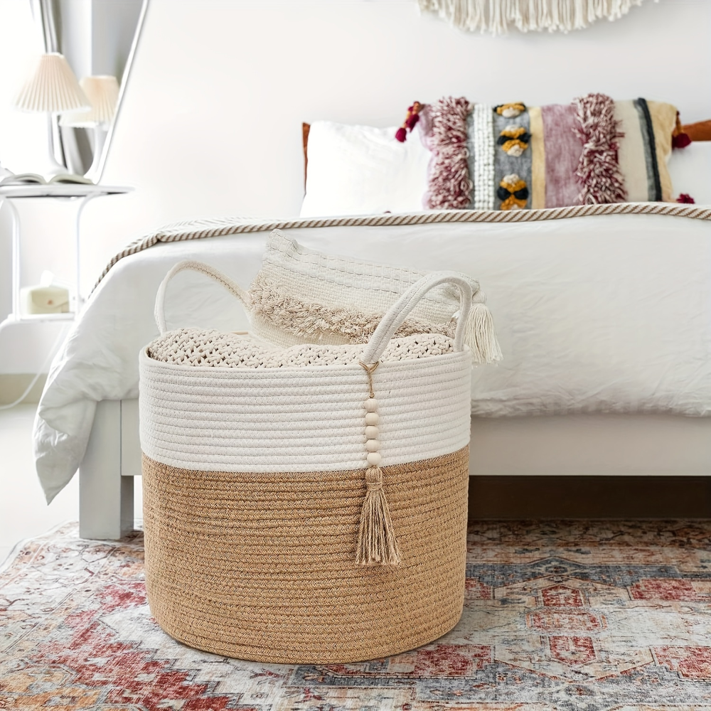 Storage Basket Foldable Two-Tone Macramé Boho Handwoven with Rope Handles