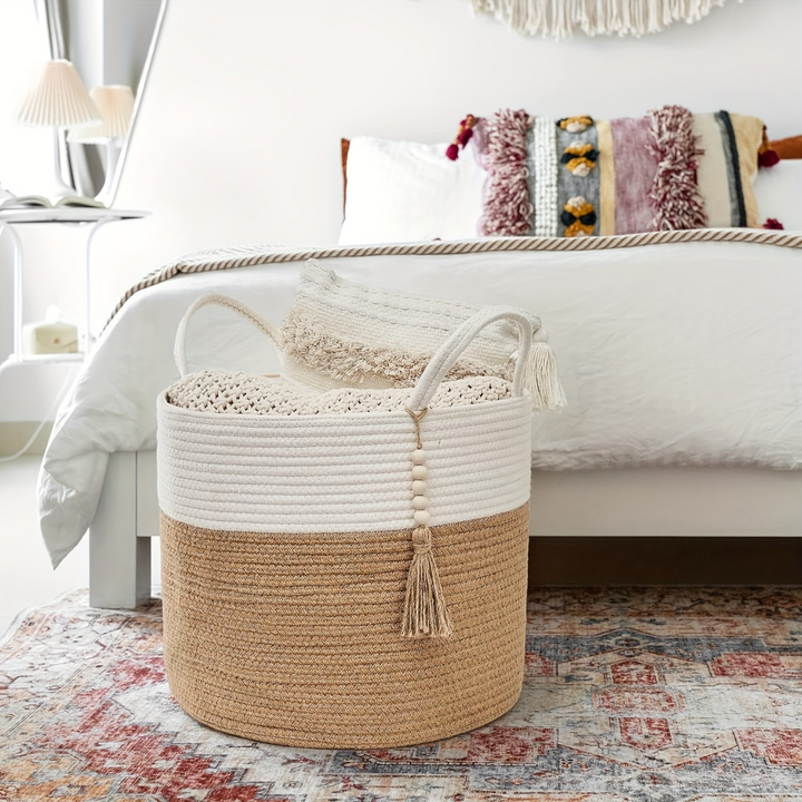 Storage Basket Foldable Two-Tone Macramé Boho Handwoven with Rope Handles
