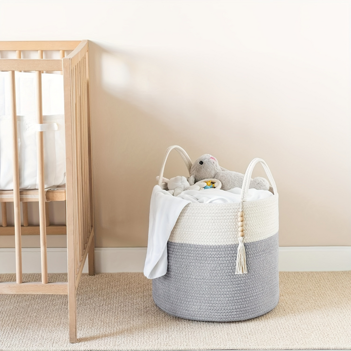 Storage Basket Foldable Two-Tone Macramé Boho Handwoven with Rope Handles