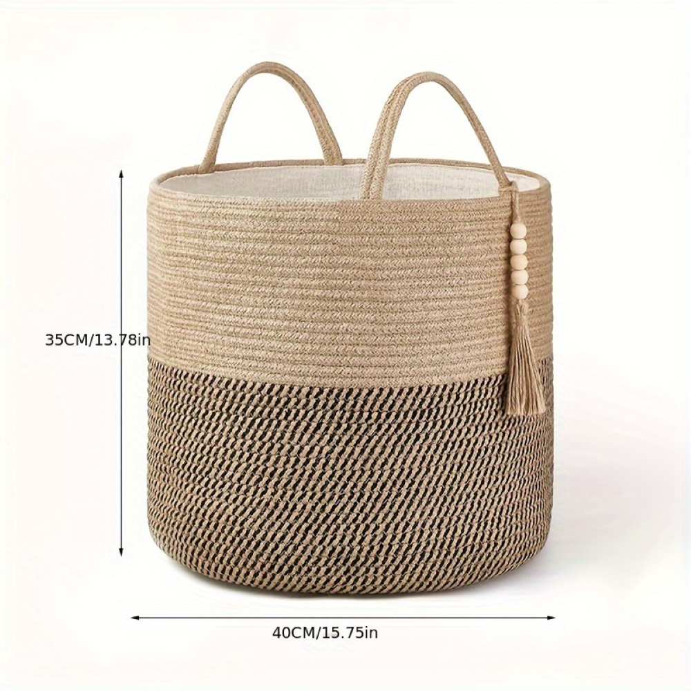 Storage Basket Foldable Two-Tone Macramé Boho Handwoven with Rope Handles